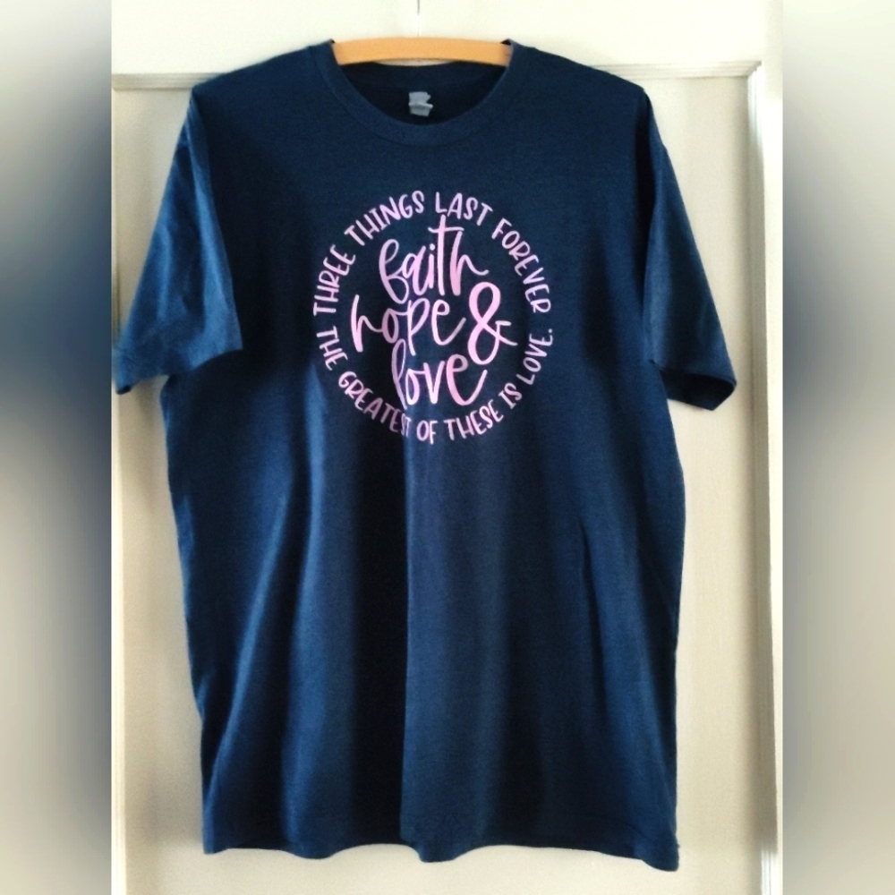 Faith Based Women's Short Sleeve Navy Graphic Tee with Pink Lettering | Large